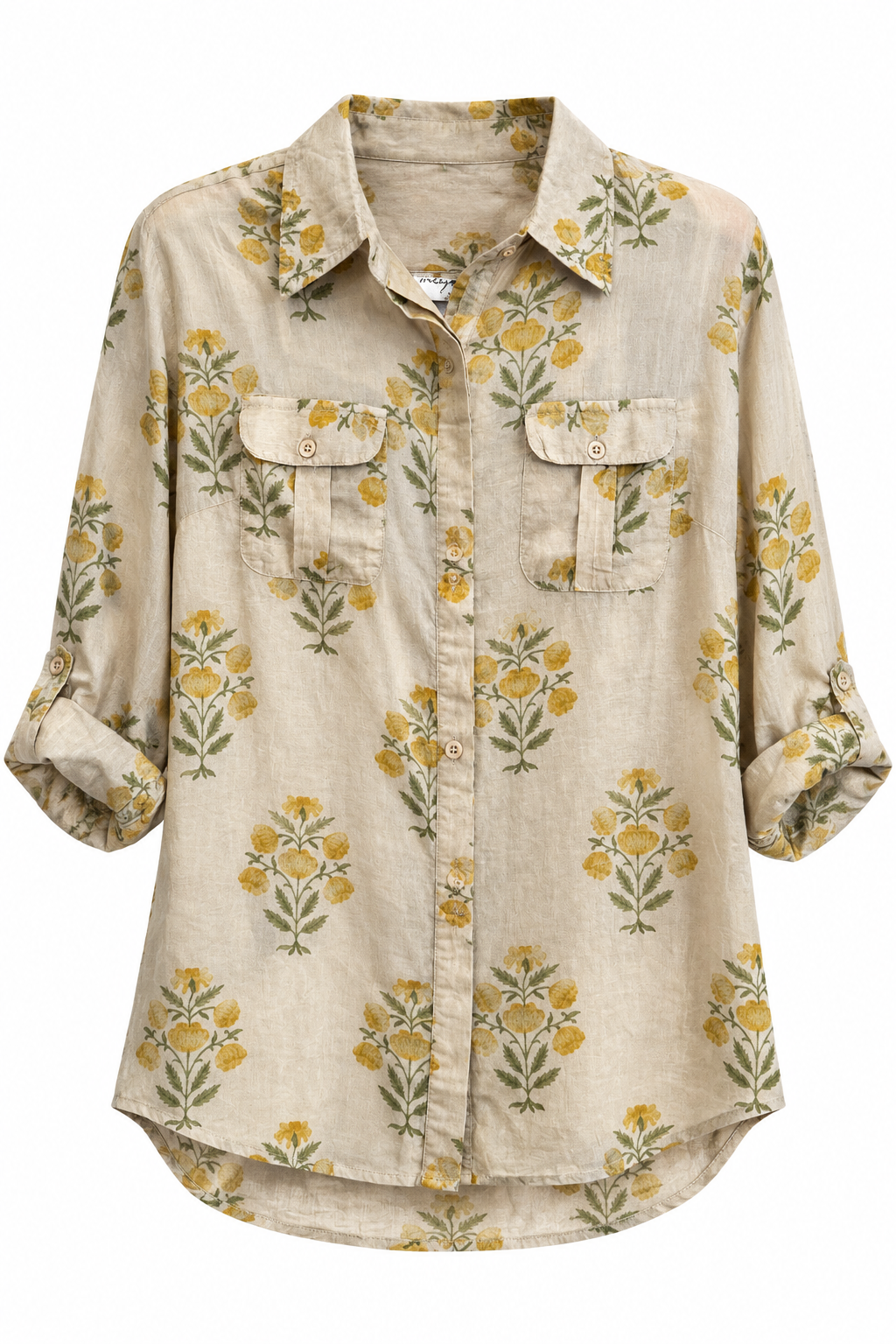 Trestles Clothing Company floral cotton blouse with front pockets, button-down front, and rolled sleeves in beige.